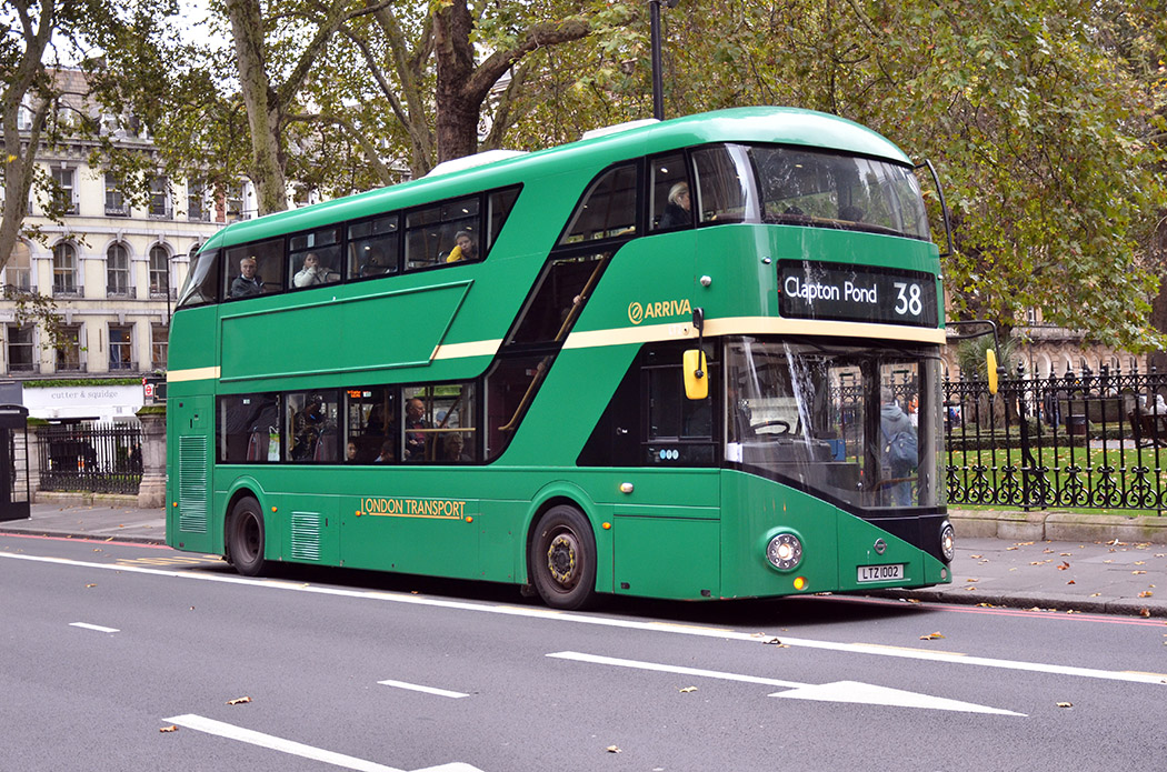 Arriva London Wrightbus NBfL LT2 (LTZ 1002) in the green livery in which it was used on trial by First Bus in West Yorkshire ~ Grosvenor Gardens ~ 25 October 2019 [David Harman]