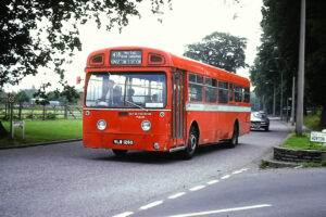 Red Merlin MB126 Seen in Hook Road West, Ewell in 1974 prior to the route being diverted via Longmead. passing Horton Lane. These vehicles on loan from LT just in time for Derby Day on Epsom Downs [Graham Burnell]