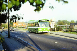 Unidentified brand new Leyland National pauses in Ruxley Lane at the Cox Lane  stop in 1978 just prior to the route being renumbered as part of the 476/478/479 group thus saving drivers much blind winding when working a combination diagram [Graham Burnell]