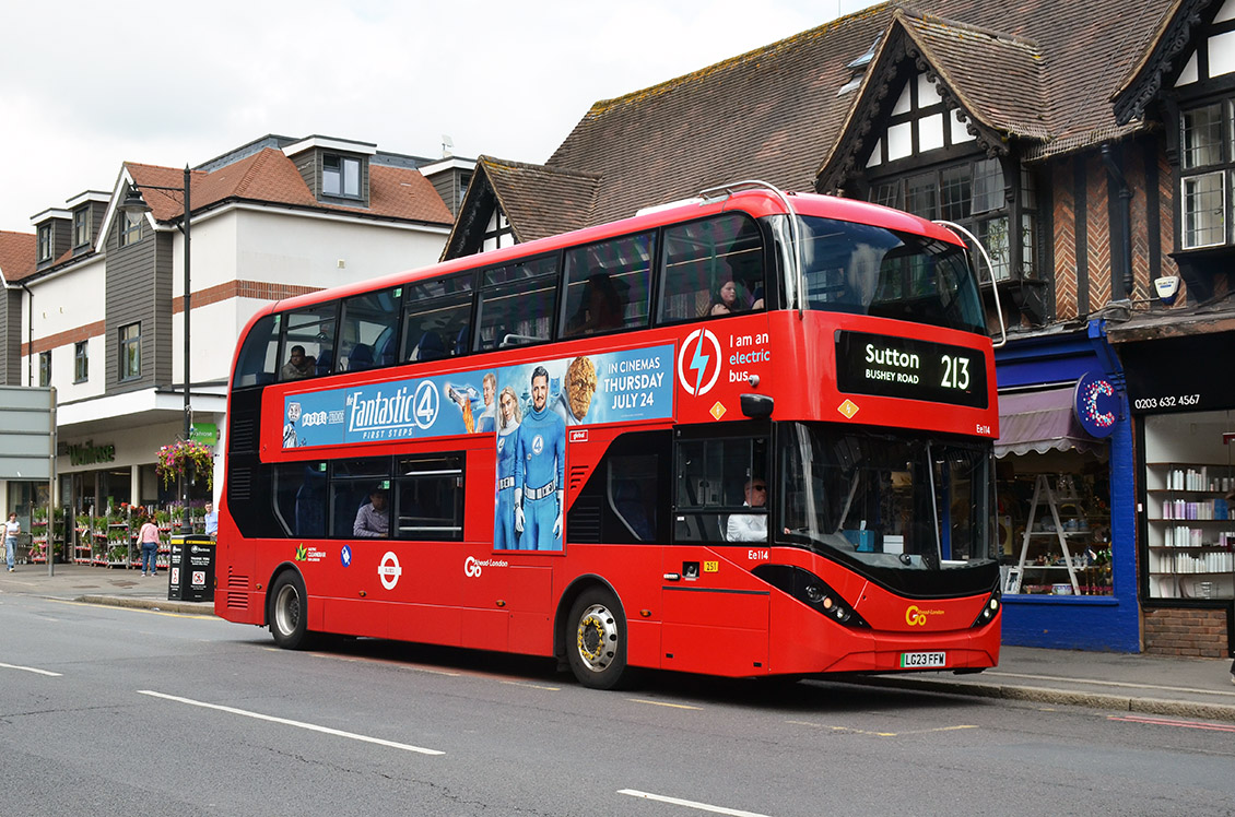 Go Ahead London BYD D8UR-DD / ADL Enviro400EV Ee114 (LG23 FFW); Cheam Broadway; 19 July 2024. © David Harman