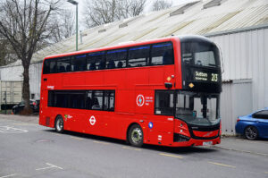 Volvo BZL/MCV electric demonstrator MVB1 (LF73 DXZ) was tried on route 213 in 2024; Bushey Road Sutton, outside Sutton Garage; 17 February 2024; © David Harman