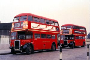 Clapton’s MetCam RTL892 and Hackney’s RTW142; Blackwall Tunnel stand in Robin Hood Lane; 1964/5; © Fred Ivey