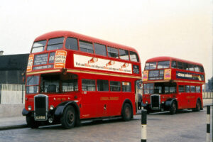 Clapton’s MetCam RTL892 and Hackney’s RTW142; Blackwall Tunnel stand in Robin Hood Lane; 1964/5; © Fred Ivey