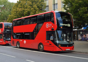 Go Ahead London ADL E400EV demonstrator EO1; Lower Clapton Road; 27 September 2025; TfL have not approved the glazed staircase option, so this will not be a common sight in London.© David Harman