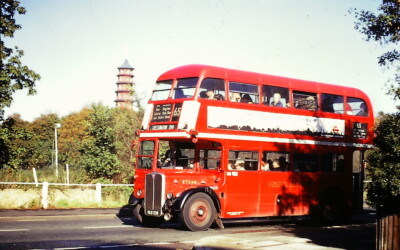 Norbiton’s RT248 passes the Pagoda at Kew Gardens in 1975. Graham Burnell RT248