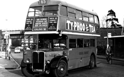 Park Royal roofbox-bodied RT2704 turns into Leatherhead Garage at the end of the long run from Ealing. Paul Redmond RT2704