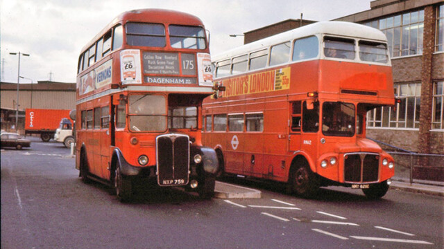 RT and RMA at Dagenham New Road terminus - 31 Oct 1975 [Fred Ivey]