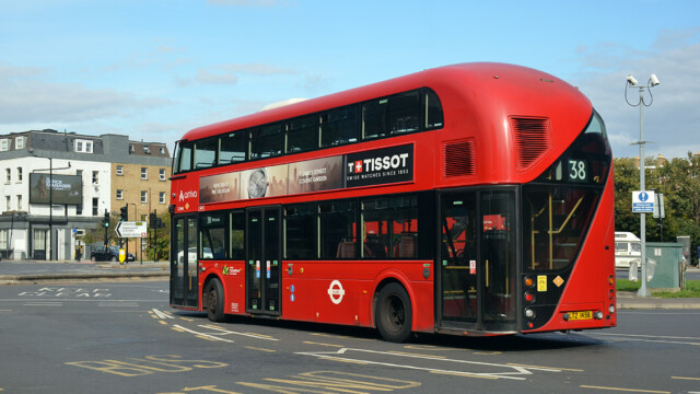 The present day : refurbished Arriva NBfL LT498 with electronic mirrors; Lea Bridge Roundabout stand; 27 September 2025. © David Harman The present day : refurbished Arriva NBfL LT498 with electronic mirrors; Lea Bridge Roundabout stand; 27 September 2025. © David Harman