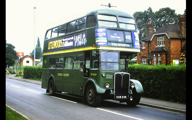 RT3137 at Bookham Station stand in 1974 on the 1704 departure for Tolworth Red Lion where it would turn at the old 603 trolleybus terminus. This smart looking vehicle would run via Ashtead Pond and not directly via the Epsom Road as shown [Graham Burnell]