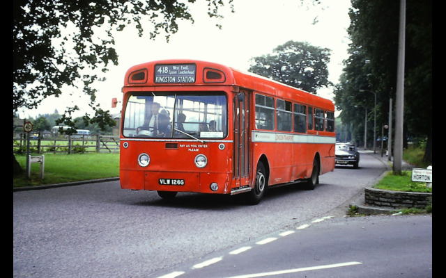 Red Merlin MB126 Seen in Hook Road West, Ewell in 1974 prior to the route being diverted via Longmead. passing Horton Lane. These vehicles on loan from LT just in time for Derby Day on Epsom Downs [Graham Burnell]