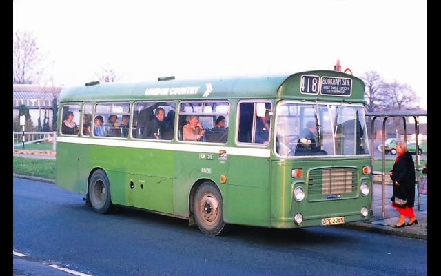 Bristol LH/ECW BN38 pauses at Surbiton Lagoon in Berrylands during 1975 [Graham Burnell]