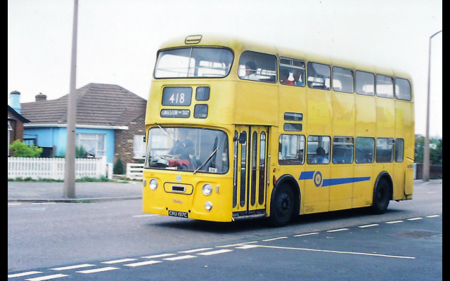 197, one of the Bournemouth Corporation Daimler Fleetlines rotated on loan to Leatherhead garage at a time of dire vehicle shortages in 1976; Chessington Road  [Graham Burnell]