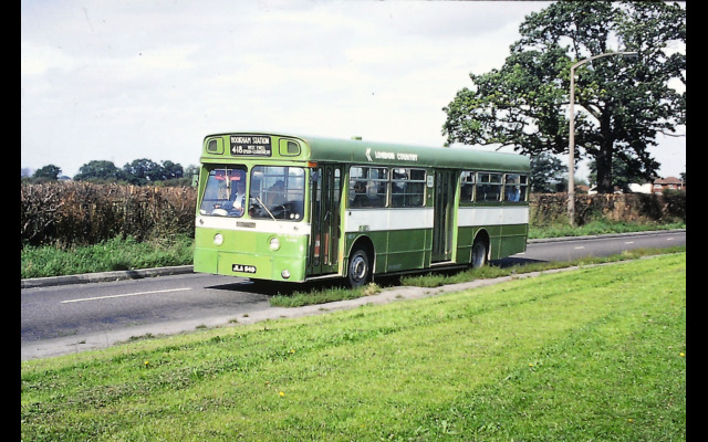 Early AEC Merlin/Strachans MBS4 during 1977 in Barnett Wood Lane approximately at the point where the M25 now crosses between Junctions 9 and 8 [Graham Burnell]