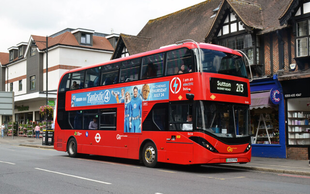 Go Ahead London BYD D8UR-DD / ADL Enviro400EV Ee114 (LG23 FFW); Cheam Broadway; 19 July 2024. © David Harman Go Ahead London BYD D8UR-DD / ADL Enviro400EV Ee114 (LG23 FFW); Cheam Broadway; 19 July 2024. © David Harman