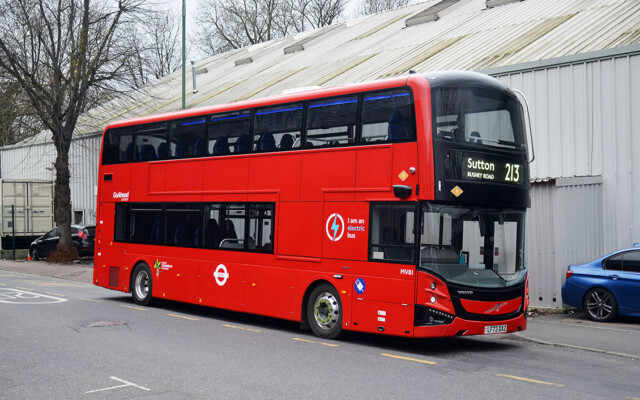 Volvo BZL/MCV electric demonstrator MVB1 (LF73 DXZ) was tried on route 213 in 2024; Bushey Road Sutton, outside Sutton Garage; 17 February 2024; © David Harman Volvo BZL/MCV electric demonstrator MVB1 (LF73 DXZ) was tried on route 213 in 2024; Bushey Road Sutton, outside Sutton Garage; 17 February 2024; © David Harman