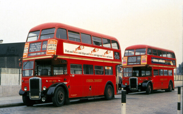 Clapton’s MetCam RTL892 and Hackney’s RTW142; Blackwall Tunnel stand in Robin Hood Lane; 1964/5; © Fred Ivey Clapton’s MetCam RTL892 and Hackney’s RTW142; Blackwall Tunnel stand in Robin Hood Lane; 1964/5; © Fred Ivey